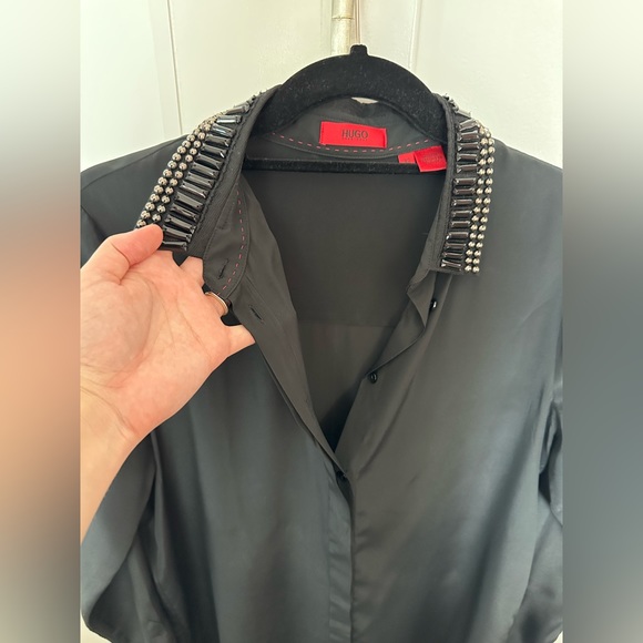 Hugo Boss Black Silk Blouse Size 40 US 8 jewellery collar - Picture 11 of 13